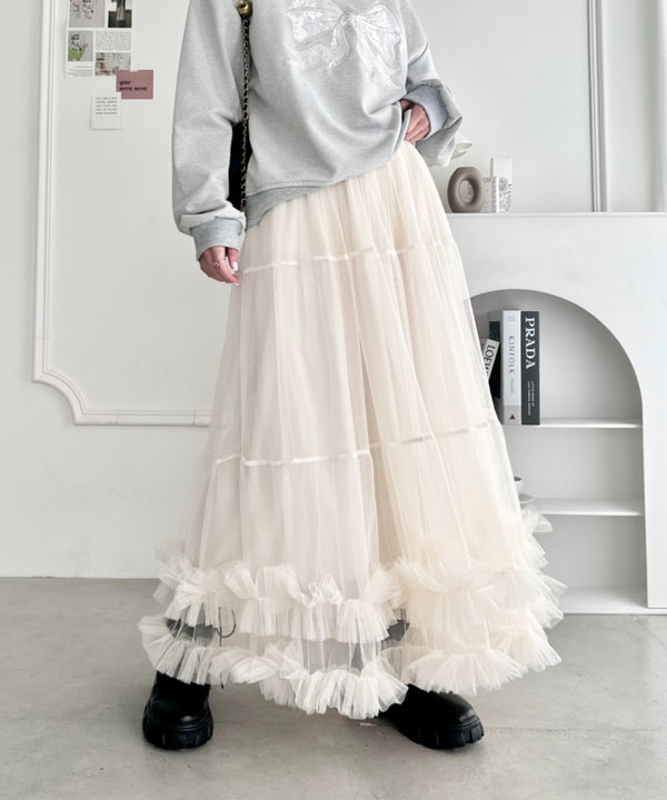【9色展開 /26SS新色ラベンダー追加】ボリュームフリルチュールティアードスカート | LO2255036 | アイボリー
