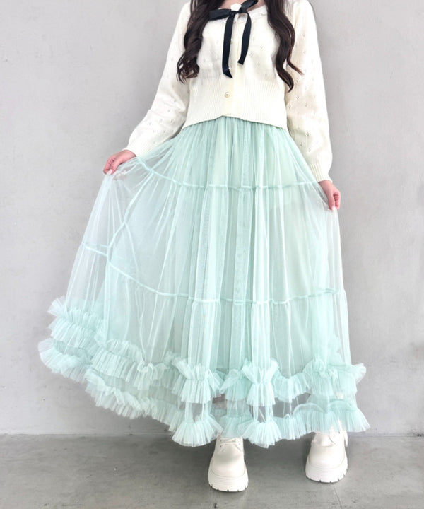【9色展開 /26SS新色ラベンダー追加】ボリュームフリルチュールティアードスカート | LO2255036 | ミント