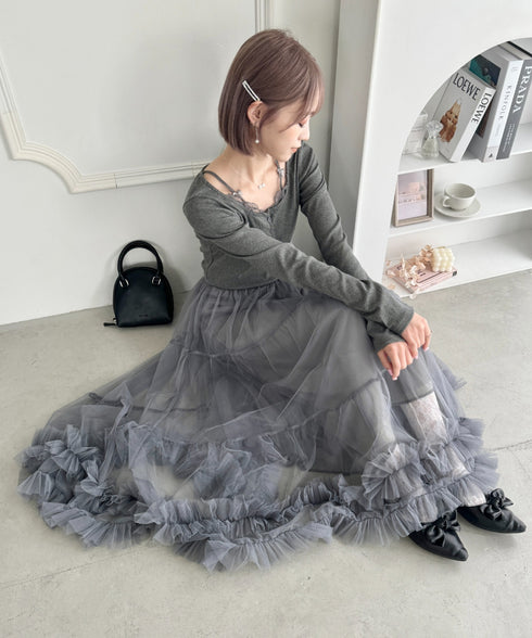 【9色展開 /26SS新色ラベンダー追加】ボリュームフリルチュールティアードスカート | LO2255036 | グレー