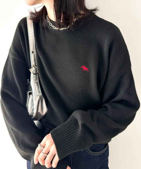 POLO CHAMPS(ポロチャンプス)/ポロチャンプス 別注 ワンポイント刺繍 クルーネック 長袖 オーバーサイズニット セーター | IM2244051 | ブラック