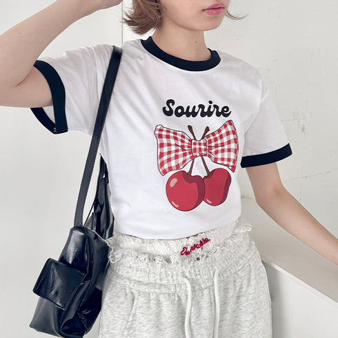 チェリーリボン半袖リンガーTシャツ | SL2252019 | ブラック