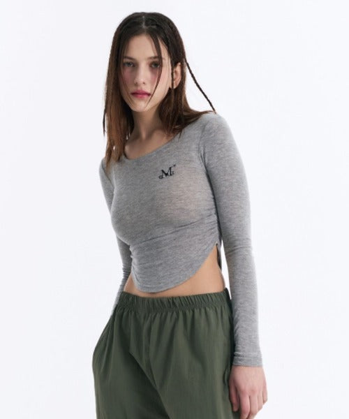 MUCENT(ムセント)/Uネック 裾ラウンド サイドシャーリング カットソー/Four Seasons See-through Signature Logo Yu-neck Shirring Tee | AT2251002 | グレー