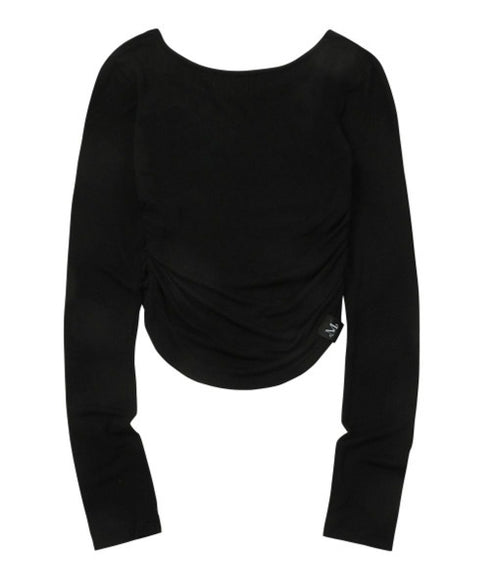 MUCENT(ムセント)/Uネック 裾ラウンド サイドシャーリング カットソー/Four Seasons See-through Signature Logo Yu-neck Shirring Tee | AT2251002 | ブラック