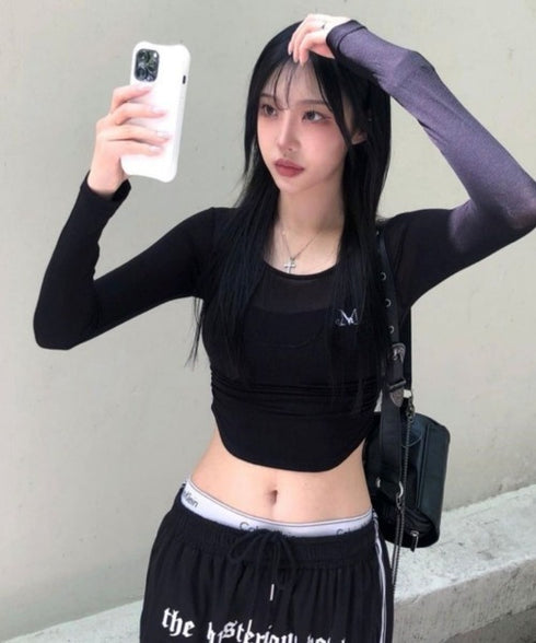 MUCENT(ムセント)/Uネック 裾ラウンド サイドシャーリング カットソー/Four Seasons See-through Signature Logo Yu-neck Shirring Tee | AT2251002 | ブラック