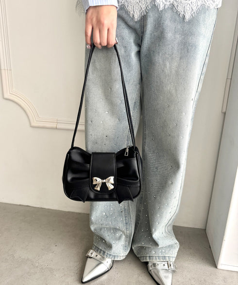 リボンモチーフホーボーバッグ | LO1255130 | ブラック