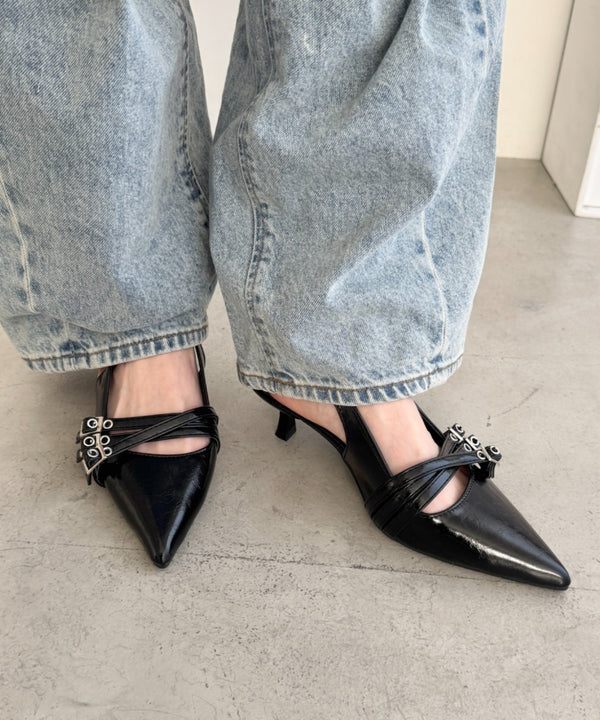 メニーベルトポインテッドミュールパンプス | LO3255134 | ブラック