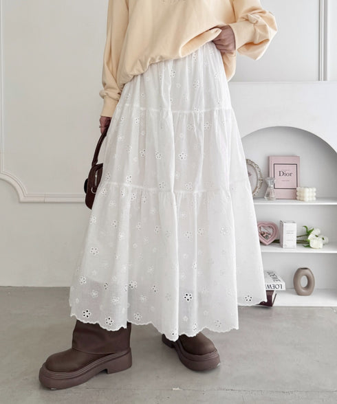 フラワー刺繍コットンレースティアードスカート | LO2255147 | ホワイト