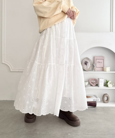 フラワー刺繍コットンレースティアードスカート | LO2255147 | ホワイト