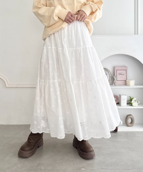 フラワー刺繍コットンレースティアードスカート | LO2255147 | ホワイト