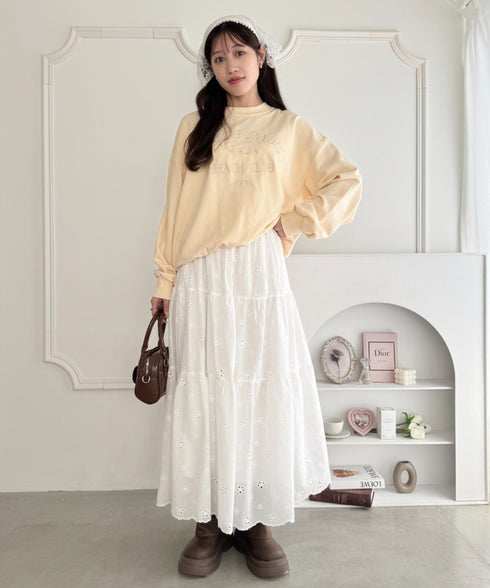 フラワー刺繍コットンレースティアードスカート | LO2255147 | ホワイト