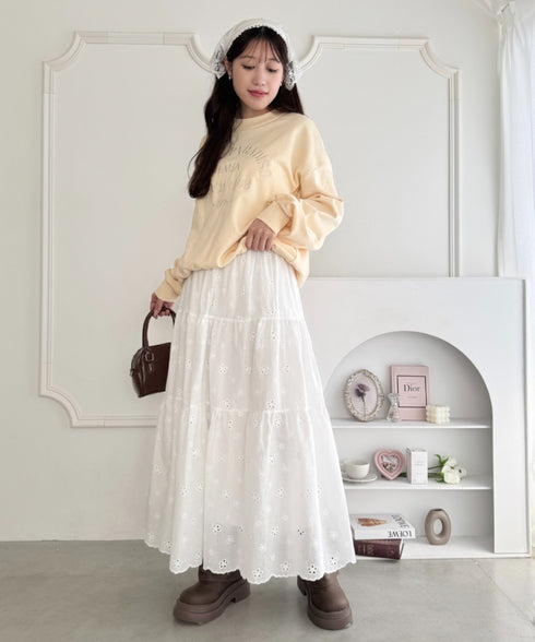 フラワー刺繍コットンレースティアードスカート | LO2255147 | ホワイト