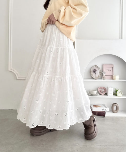 フラワー刺繍コットンレースティアードスカート | LO2255147 | ホワイト
