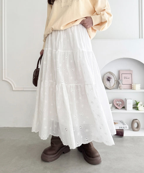 フラワー刺繍コットンレースティアードスカート | LO2255147 | ホワイト