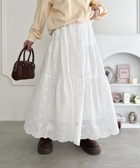 フラワー刺繍コットンレースティアードスカート | LO2255147 | ホワイト
