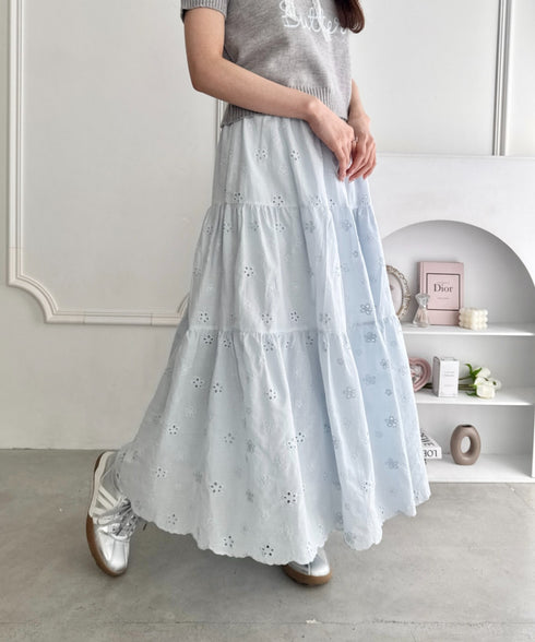 フラワー刺繍コットンレースティアードスカート | LO2255147 | ライトブルー