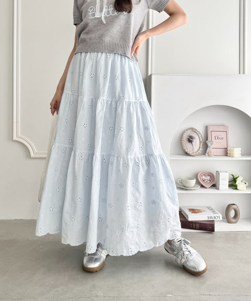 フラワー刺繍コットンレースティアードスカート | LO2255147 | ライトブルー