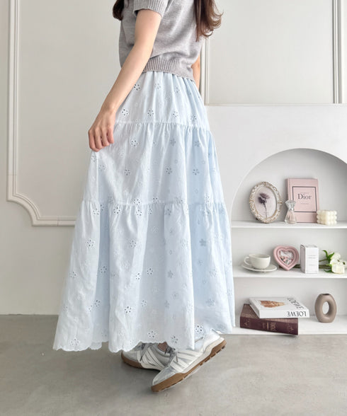 フラワー刺繍コットンレースティアードスカート | LO2255147 | ライトブルー