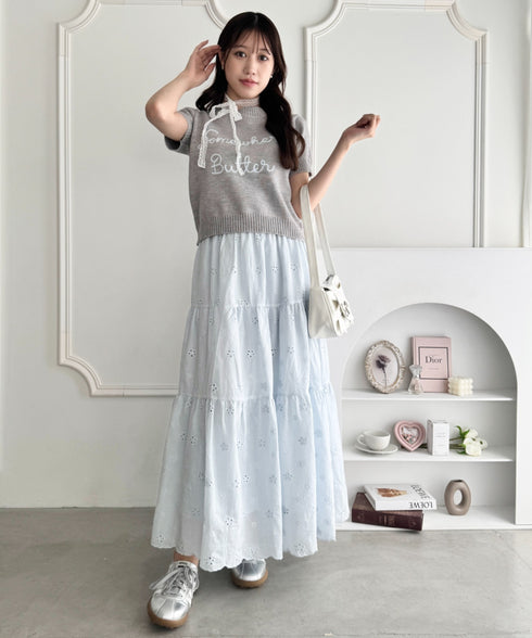 フラワー刺繍コットンレースティアードスカート | LO2255147 | ライトブルー