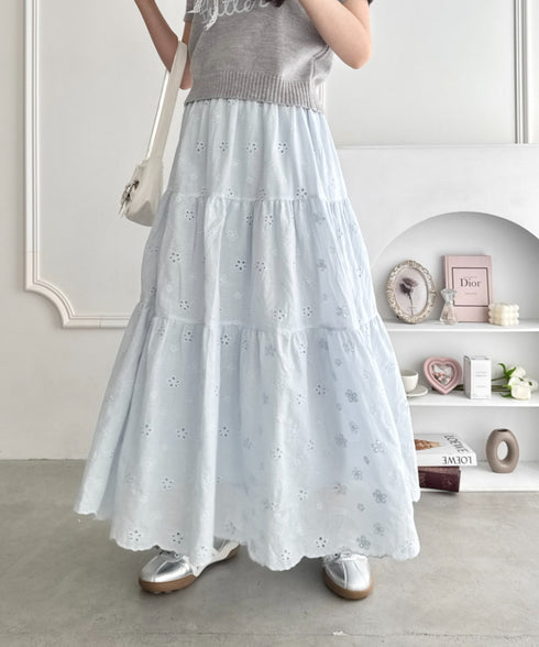 フラワー刺繍コットンレースティアードスカート | LO2255147 | ライトブルー