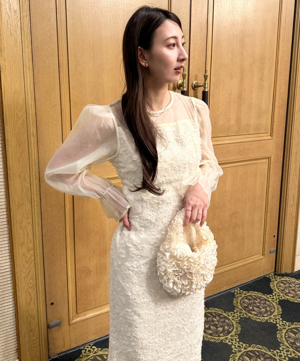ラウンドネックシアーロングワンピース ドレス 結婚式お呼ばれオケージョンパーティー | MD2251080 | アイボリー