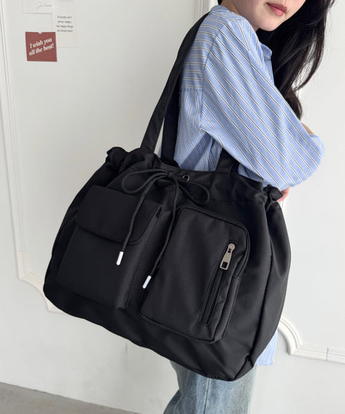 【A4収納可/詳細動画付き】大容量 軽量 多収納トートバッグ ナイロン巾着バッグ | WR1255011 | ブラック