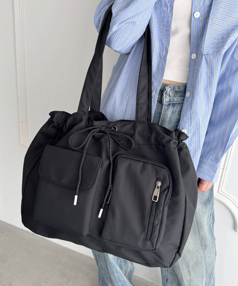 【A4収納可/詳細動画付き】大容量 軽量 多収納トートバッグ ナイロン巾着バッグ | WR1255011 | ブラック