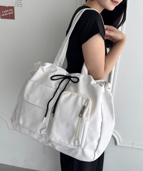 【A4収納可/詳細動画付き】大容量 軽量 多収納トートバッグ ナイロン巾着バッグ | WR1255011 | アイボリー