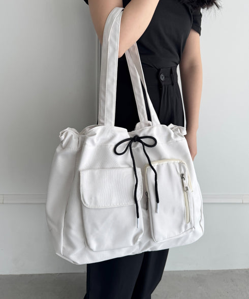 【A4収納可/詳細動画付き】大容量 軽量 多収納トートバッグ ナイロン巾着バッグ | WR1255011 | アイボリー