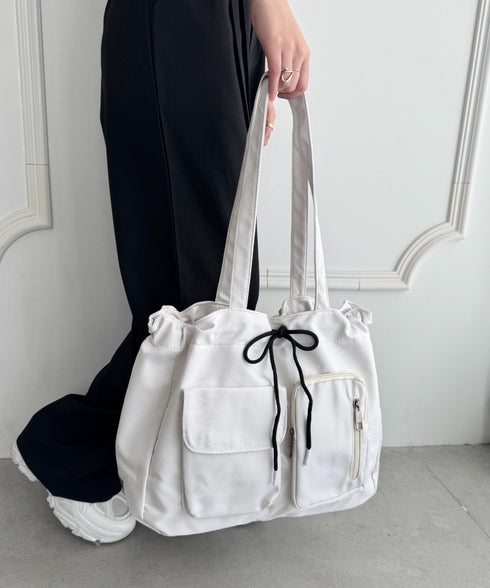 【A4収納可/詳細動画付き】大容量 軽量 多収納トートバッグ ナイロン巾着バッグ | WR1255011 | アイボリー