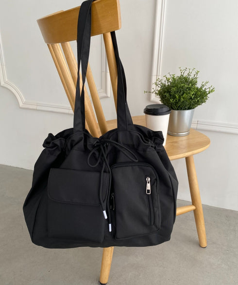 【A4収納可/詳細動画付き】大容量 軽量 多収納トートバッグ ナイロン巾着バッグ | WR1255011 | ブラック