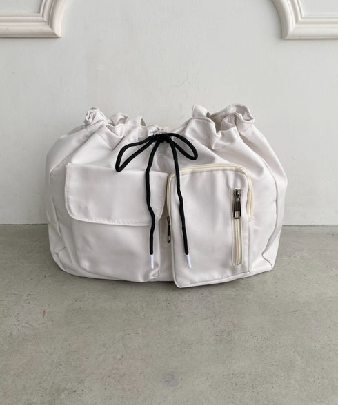 【A4収納可/詳細動画付き】大容量 軽量 多収納トートバッグ ナイロン巾着バッグ | WR1255011 | アイボリー