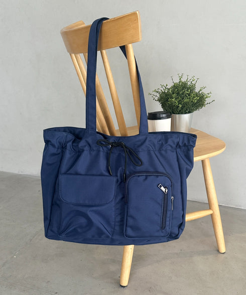 【A4収納可/詳細動画付き】大容量 軽量 多収納トートバッグ ナイロン巾着バッグ | WR1255011 | ネイビー