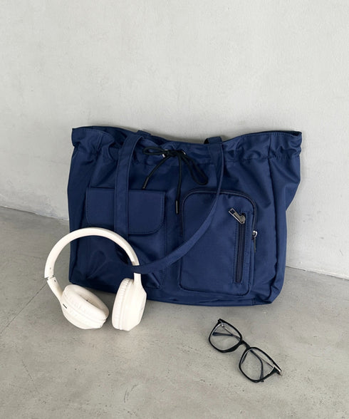 【A4収納可/詳細動画付き】大容量 軽量 多収納トートバッグ ナイロン巾着バッグ | WR1255011 | ネイビー