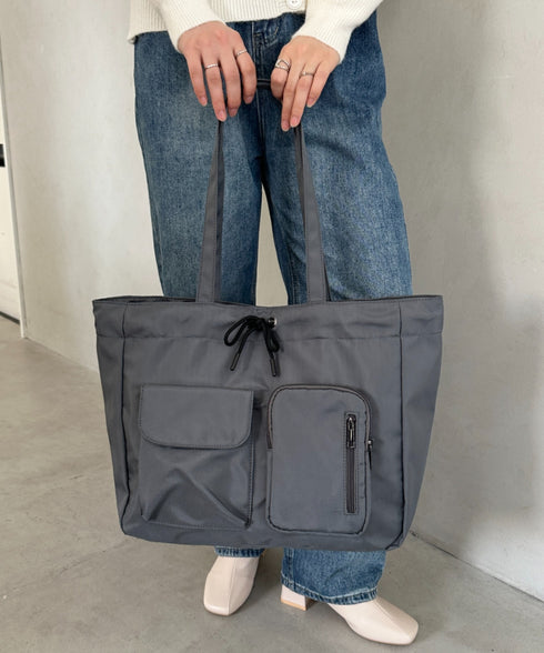 【A4収納可/詳細動画付き】大容量 軽量 多収納トートバッグ ナイロン巾着バッグ | WR1255011 | チャコールグレー