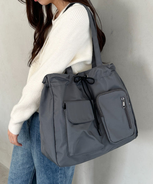 【A4収納可/詳細動画付き】大容量 軽量 多収納トートバッグ ナイロン巾着バッグ | WR1255011 | チャコールグレー