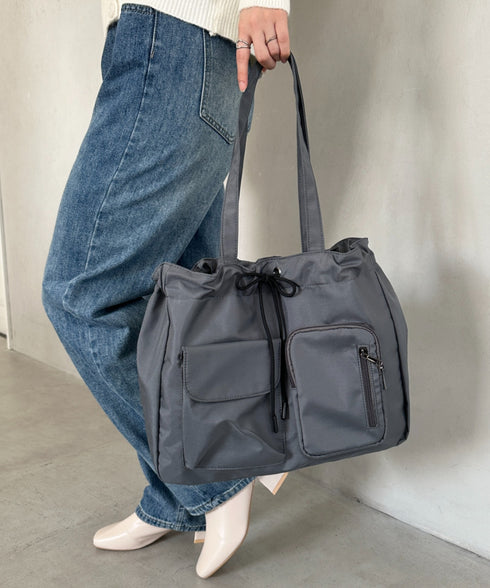 【A4収納可/詳細動画付き】大容量 軽量 多収納トートバッグ ナイロン巾着バッグ | WR1255011 | チャコールグレー