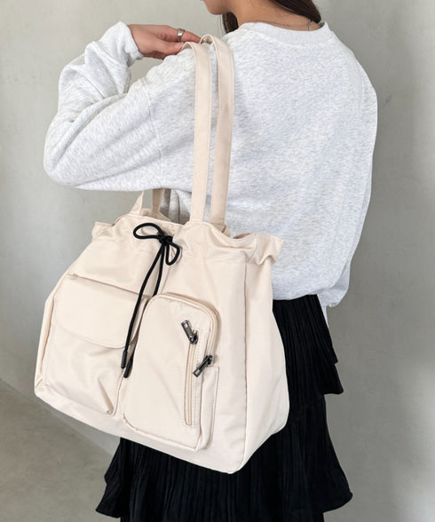 【A4収納可/詳細動画付き】大容量 軽量 多収納トートバッグ ナイロン巾着バッグ | WR1255011 | ホワイト系その他