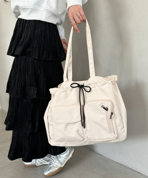 【A4収納可/詳細動画付き】大容量 軽量 多収納トートバッグ ナイロン巾着バッグ | WR1255011 | ホワイト系その他