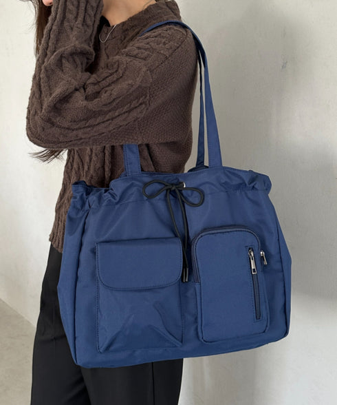 【A4収納可/詳細動画付き】大容量 軽量 多収納トートバッグ ナイロン巾着バッグ | WR1255011 | ネイビー