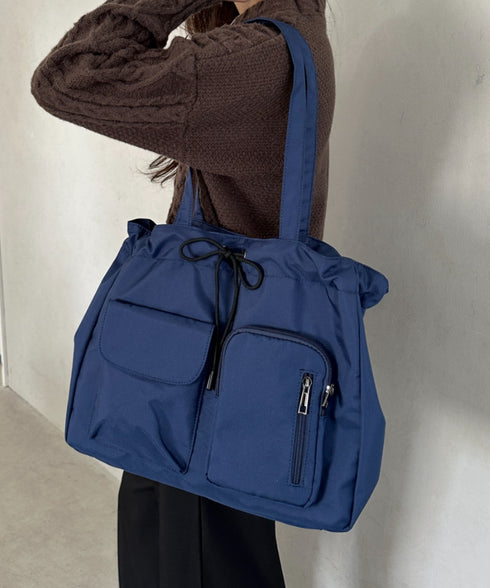 【A4収納可/詳細動画付き】大容量 軽量 多収納トートバッグ ナイロン巾着バッグ | WR1255011 | ネイビー