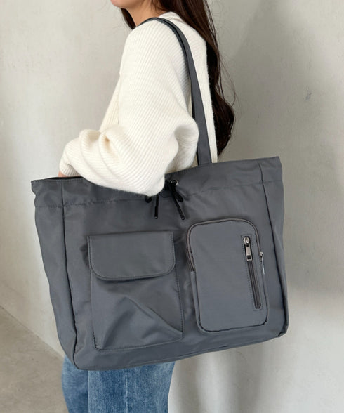 【A4収納可/詳細動画付き】大容量 軽量 多収納トートバッグ ナイロン巾着バッグ | WR1255011 | チャコールグレー