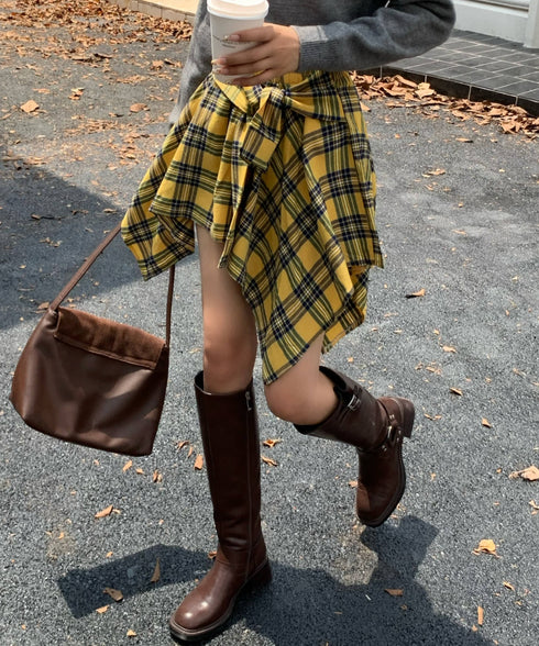 ヴィンテージチェック柄アシンメトリーミニスカート インナーパンツ付き | EV2255009 | イエロー