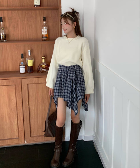 ヴィンテージチェック柄アシンメトリーミニスカート インナーパンツ付き | EV2255009 | ネイビー
