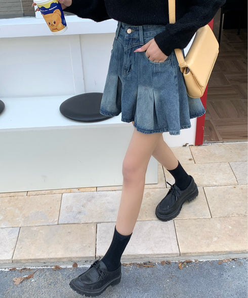 ハイウエストプリーツデニムミニスカート インナーパンツ付き | EV2255013 | ブルー