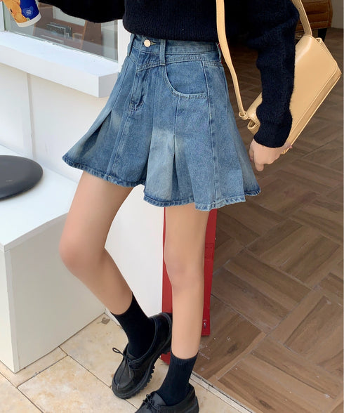 ハイウエストプリーツデニムミニスカート インナーパンツ付き | EV2255013 | ブルー