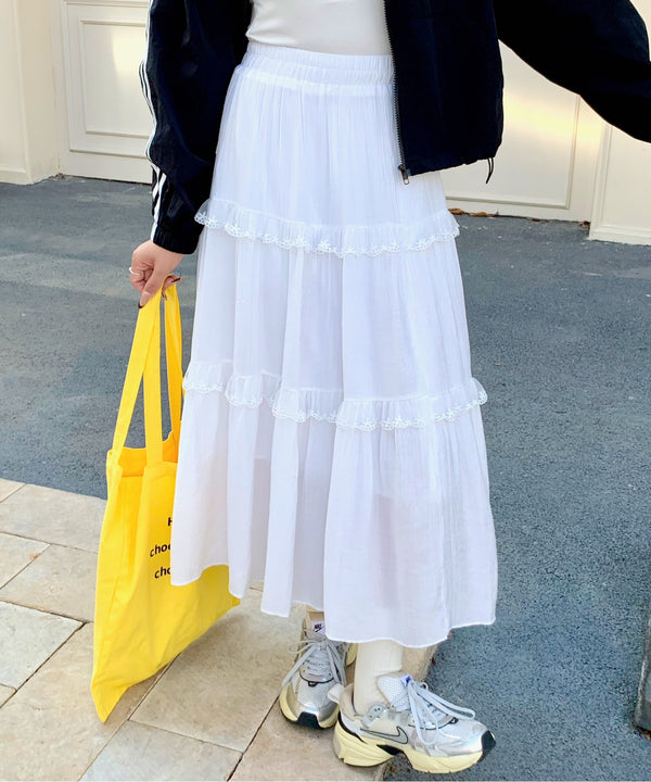 フリルレースティアードロングスカート | EV2255015 | ホワイト