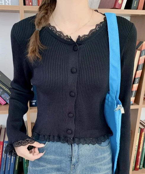 レーストリムリブニットカーディガン | EV2251011 | ブラック