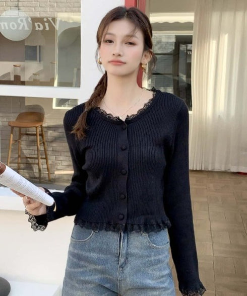 レーストリムリブニットカーディガン | EV2251011 | ブラック