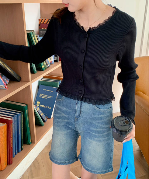 レーストリムリブニットカーディガン | EV2251011 | ブラック