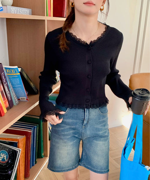 レーストリムリブニットカーディガン | EV2251011 | ブラック